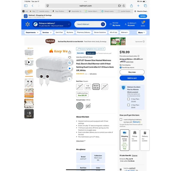 New JUSTLET Queen Size Heated Mattress Pad, Electric Bed Warmer 9 Heat Settings - Picture 3 of 9